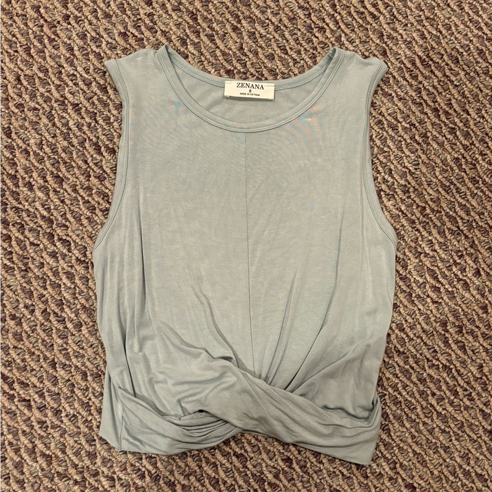 Zenana Outfitters Light Blue/Gray Twist Front Tank Top Sz AS